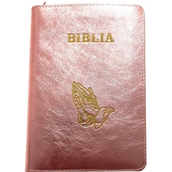 Biblie piele medie lux, coperta roz sidefat cu maini